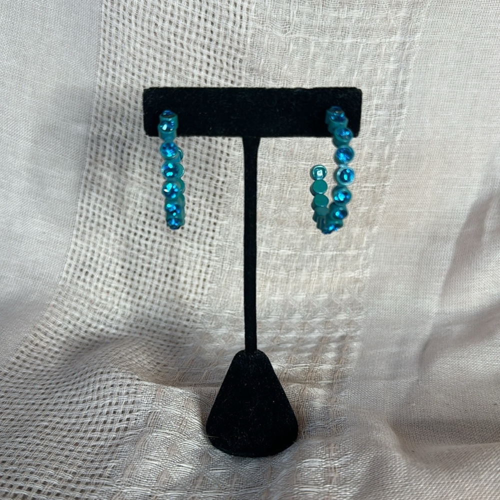 Teal Colored Rhinestone Hoop Earrings